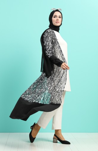 Desenli Tül Kimono 2042-01 Siyah