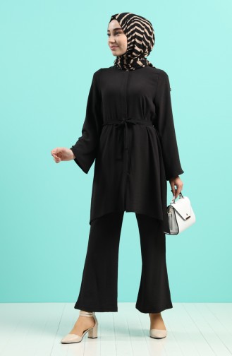Aerobin Fabric Belted Asymmetric Tunic Trousers Double Suit 5819-01 Black 5819-01
