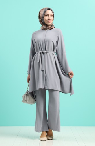 Aerobin Fabric Belted Asymmetric Tunic Trousers Double Suit 5819-03 Gray 5819-03