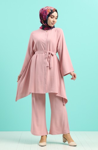 Aerobin Fabric Belted Asymmetric Tunic Trousers Double Suit 5819-05 Powder 5819-05