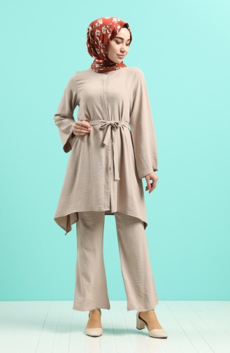 Aerobin Fabric Belted Asymmetric Tunic Trousers Double Suit 5819-06 Beige 5819-06
