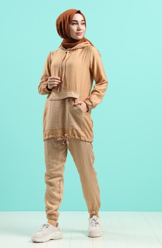 Kapüşonlu Tunik Pantolon İkili Takım 4426-01 Camel