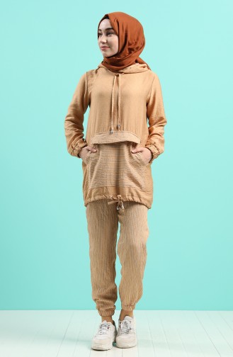 Kapüşonlu Tunik Pantolon İkili Takım 4426-01 Camel
