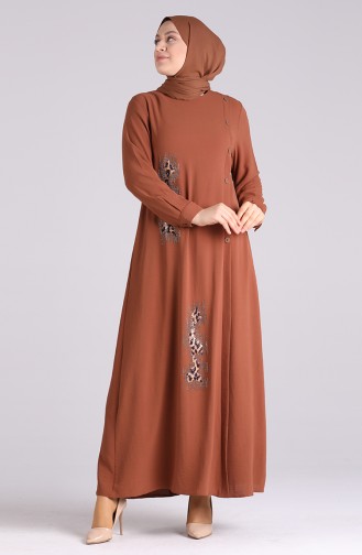 Büyük Beden Taş Baskılı Elbise 1313-08 Kahverengi