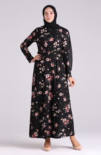 Patterned Belted Dress 5709o-01 Black 5709O-01