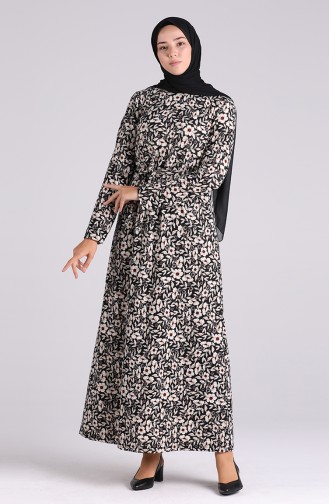 Patterned Belted Dress 5709r-01 Black 5709R-01