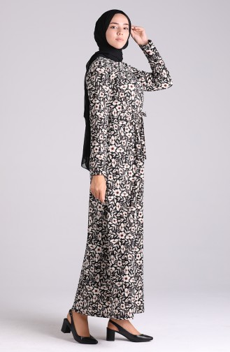 Desenli Kuşaklı Elbise 5709R-01 Siyah