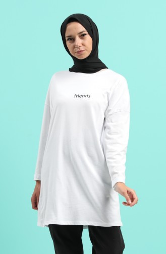 Baskılı Penye Tunik 2249-03 Beyaz