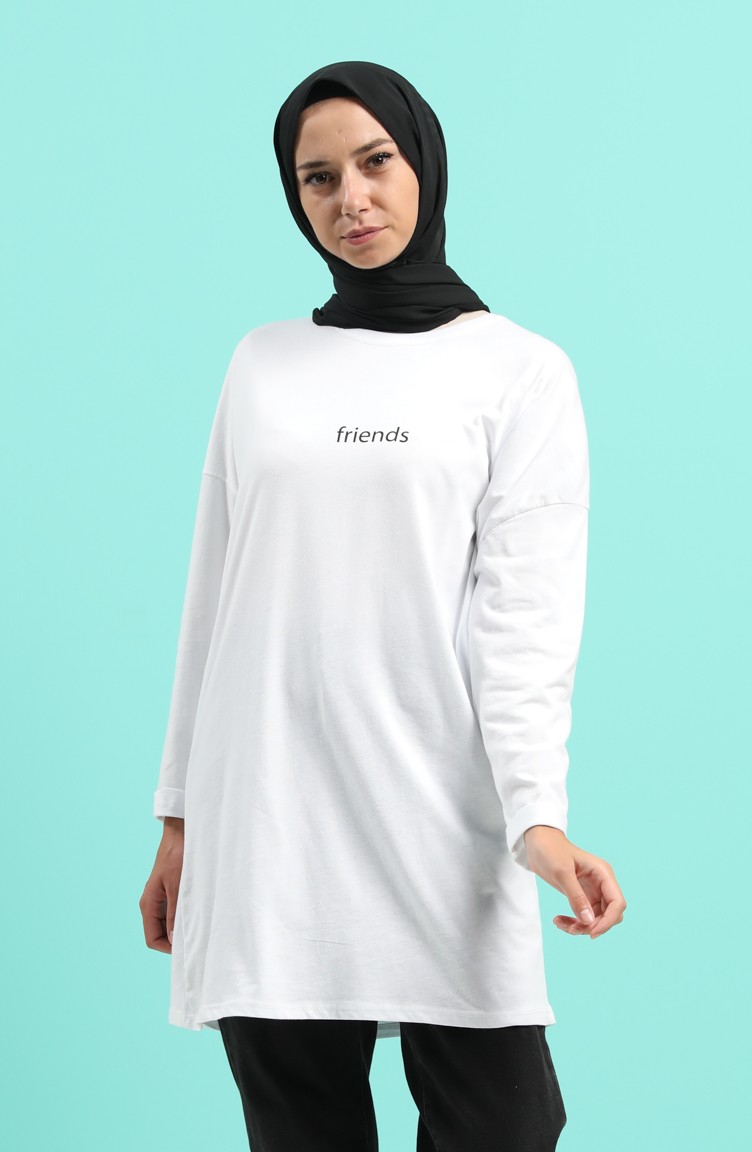 Baskılı Penye Tunik 2249-03 Beyaz