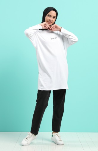 Baskılı Penye Tunik 2249-03 Beyaz