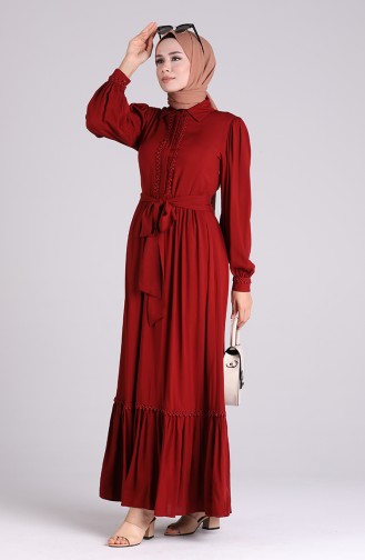 Shirred Viscose Dress with Scallops 8260-01 Burgundy 8260-01