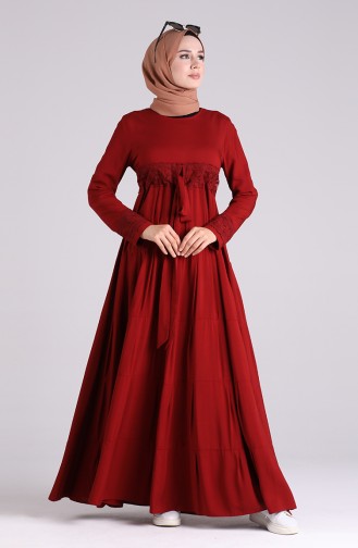 Scalloped Belted Viscose Dress 8262-03 Burgundy 8262-03