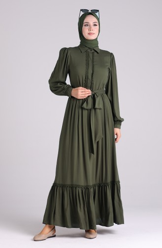 Shirred Viscose Dress with Scallops 8260-02 Khaki 8260-02
