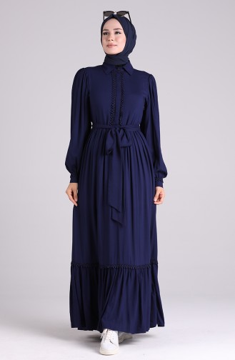 Shirred Viscose Dress with Scallops 8260-04 Navy Blue 8260-04