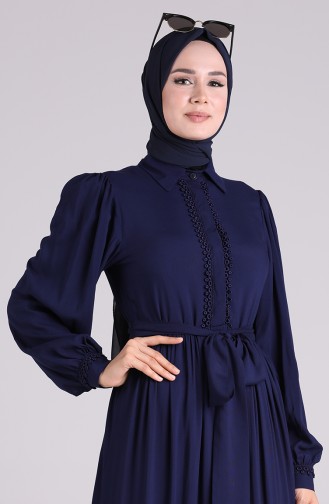 Shirred Viscose Dress with Scallops 8260-04 Navy Blue 8260-04