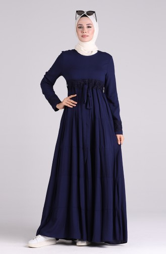 Scalloped Belted Viscose Dress 8262-05 Navy Blue 8262-05