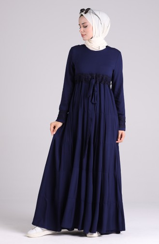 Scalloped Belted Viscose Dress 8262-05 Navy Blue 8262-05