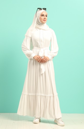 Shirred Viscose Dress with Scallops 8260-03 White 8260-03