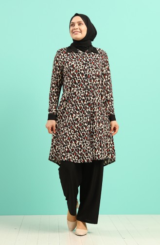 Plus Size Leopard Print Tunic Trousers Double Suit 1326-01 Black 1326-01