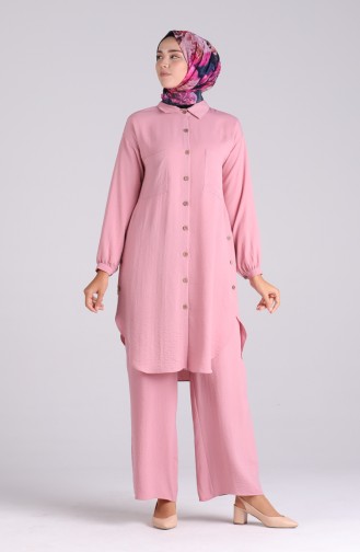 Ensemble Deux Pieces Pantalon Tunique a Boutons Tissu Aerobin 6569-02 Rose Pâle 6569-02