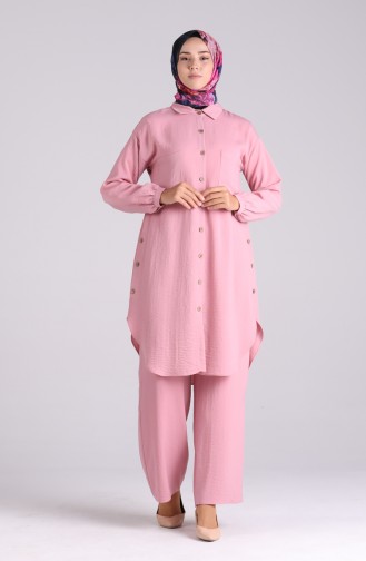 Ensemble Deux Pieces Pantalon Tunique a Boutons Tissu Aerobin 6569-02 Rose Pâle 6569-02