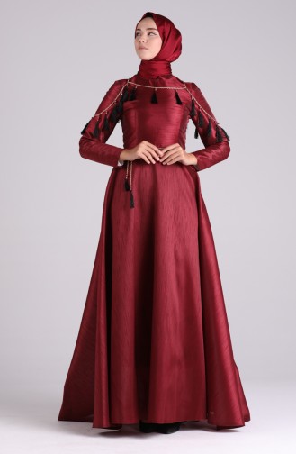 Jacquard Necklace Evening Dress 1018-01 Burgundy 1018-01