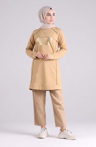 Baskılı Spor Tunik 0339-03 Camel