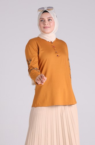 Büyük Beden Taş Baskılı Bluz 0531-02 Hardal