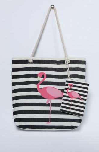 Çizgili Flamingo Desenli Tasarım Omuz Çantası 1015 Krem-Siyah
