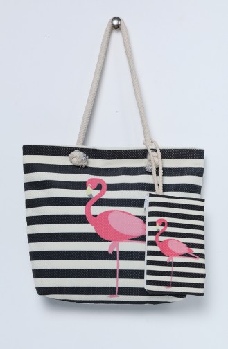 Çizgili Flamingo Desenli Tasarım Omuz Çantası 2005 Krem-Siyah