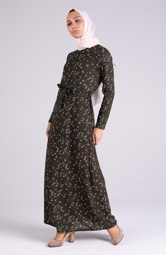 Patterned Dress with Belt 5708P-06 Dark Khaki 5708P-06