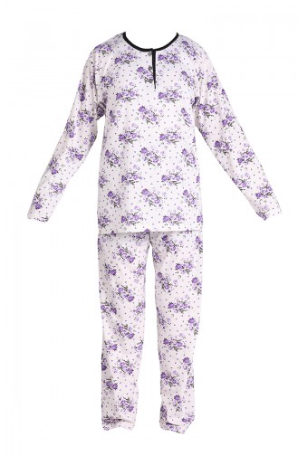 Çiçek Desenli Pijama Takım 1400-05 Beyaz Mor