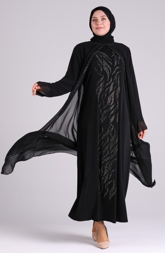 Büyük Beden Taş Baskılı Şifon Abiye Elbise 4580-01 Siyah