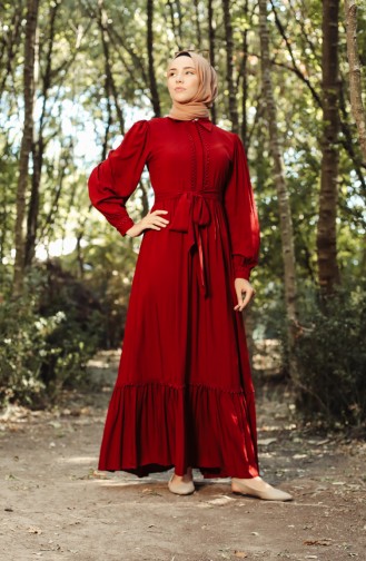 Shirred Viscose Dress with Scallops 8260-01 Burgundy 8260-01