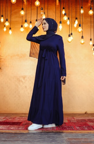 Scalloped Belted Viscose Dress 8262-05 Navy Blue 8262-05