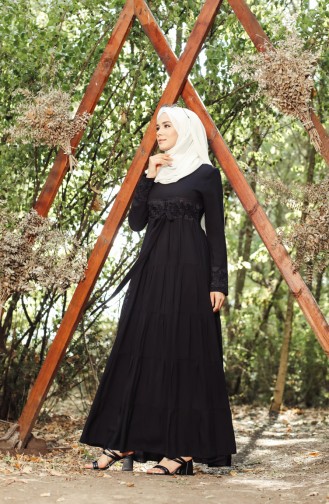 Fistolu Kuşaklı Viskon Elbise 8262-04 Siyah