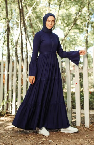 Shirred Viscose Dress with Scallops 8263-01 Navy Blue 8263-01
