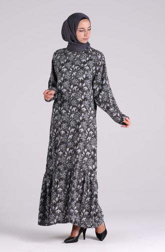 Patterned Shirred Dress 5322-04 Black 5322-04