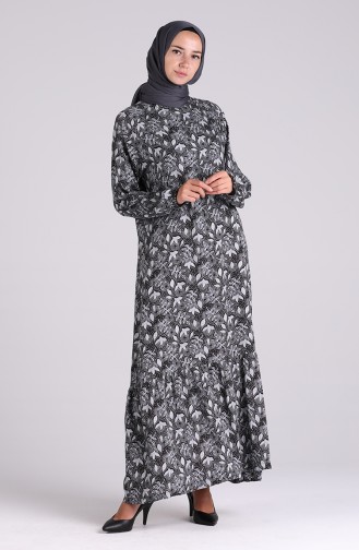 Patterned Shirred Dress 5322-04 Black 5322-04