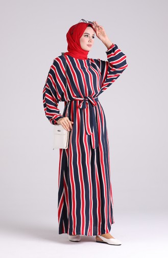 Elastic waist Striped Dress 1209-01 Navy Blue Red 1209-01