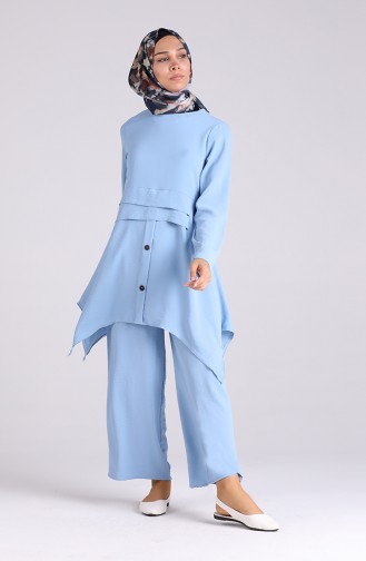 Aerobin Fabric Button Detailed Tunic Trousers Double Suit 5323-14 Ice Blue 5323-14