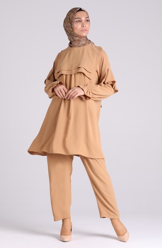 Aerobin Kumaş Volanlı Tunik Pantolon İkili Takım 1089-02 Camel