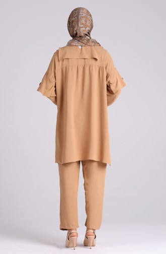 Aerobin Kumaş Volanlı Tunik Pantolon İkili Takım 1089-02 Camel