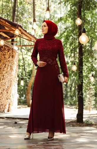 Claret Red Hijab Evening Dress 52614-03