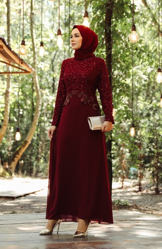 Claret Red Hijab Evening Dress 52614-03