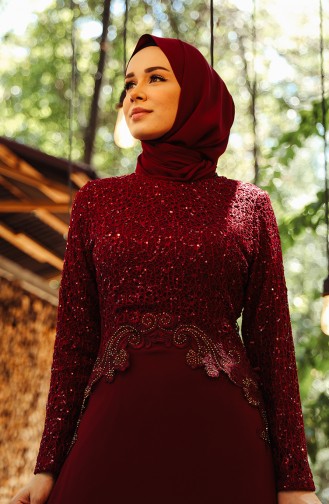 Claret Red Hijab Evening Dress 52614-03