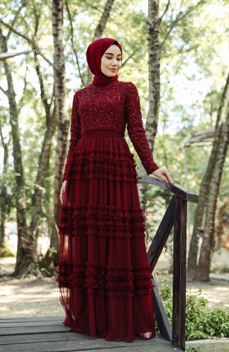 Claret Red Hijab Evening Dress 52770-02
