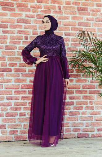 Balloon Sleeve Silvery Evening Dress Purple 5239-02