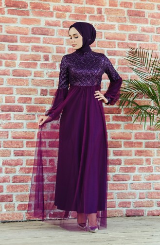 Balloon Sleeve Silvery Evening Dress Purple 5239-02