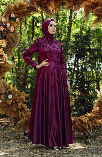 Flower Appliqued Evening Dress 1017-02 Damson 1017-02